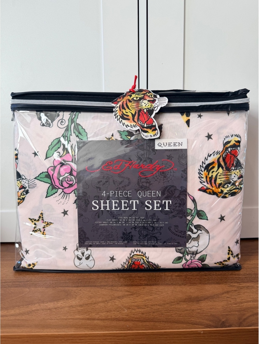 Ed Hardy 4-Piece Queen Sheet Set Pink Floral Tiger Design